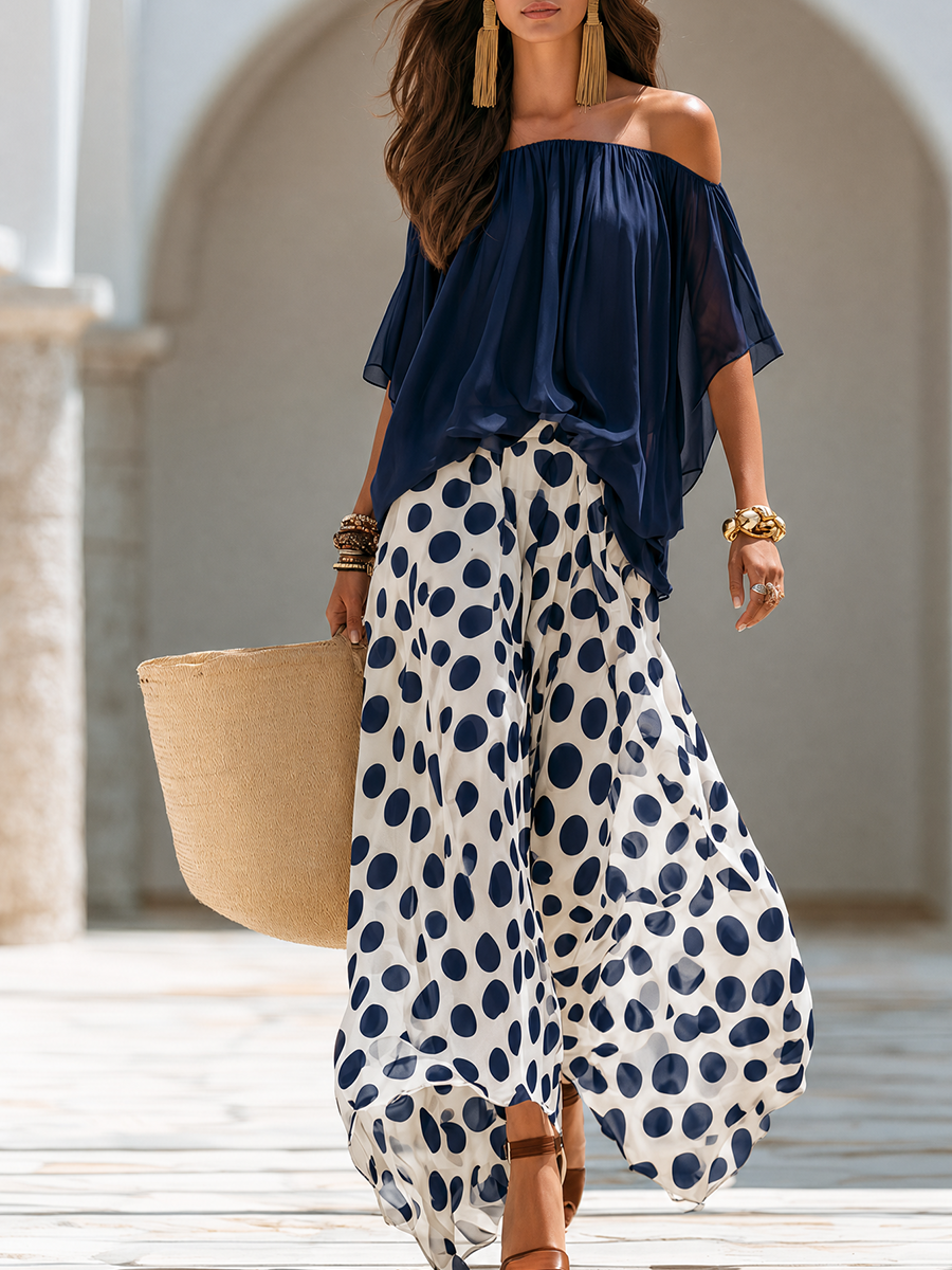 Beach Vacation Short-Sleeve Top And Polka-Dot Wide-Leg Pants Chiffon Set