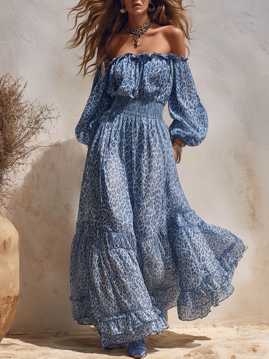 Vacation Elegant Off-the-shoulder Leopard Print Chiffon Maxi Dress