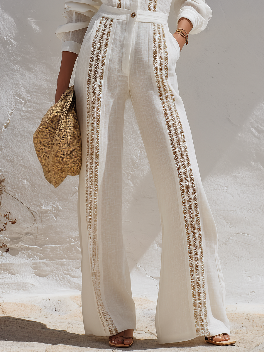 Urban Luxury Lace-Trimmed Long-Sleeved Cotton Linen Jumpsuit
