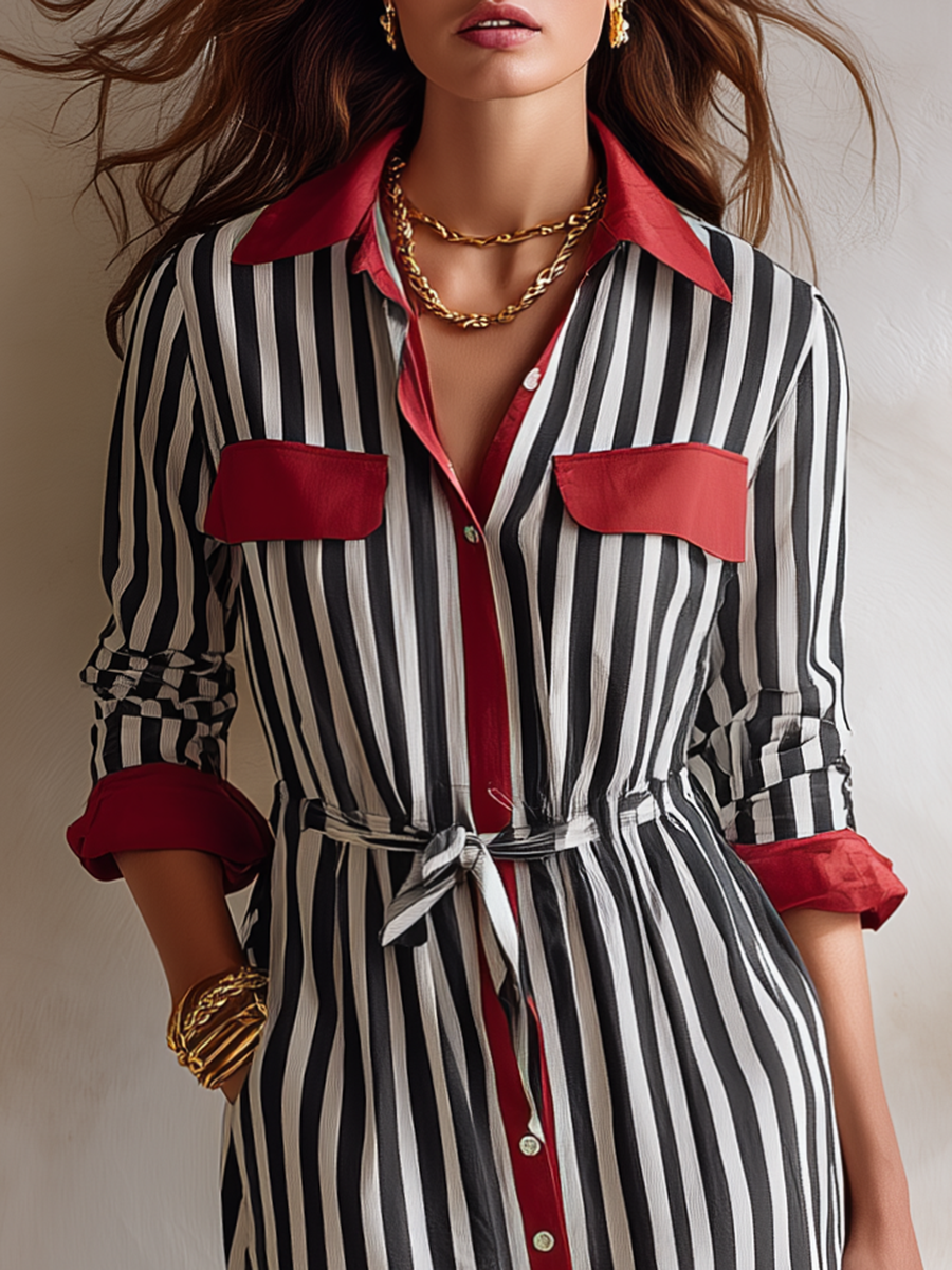 Resort-style Collared Long-sleeved Striped Midi Dress