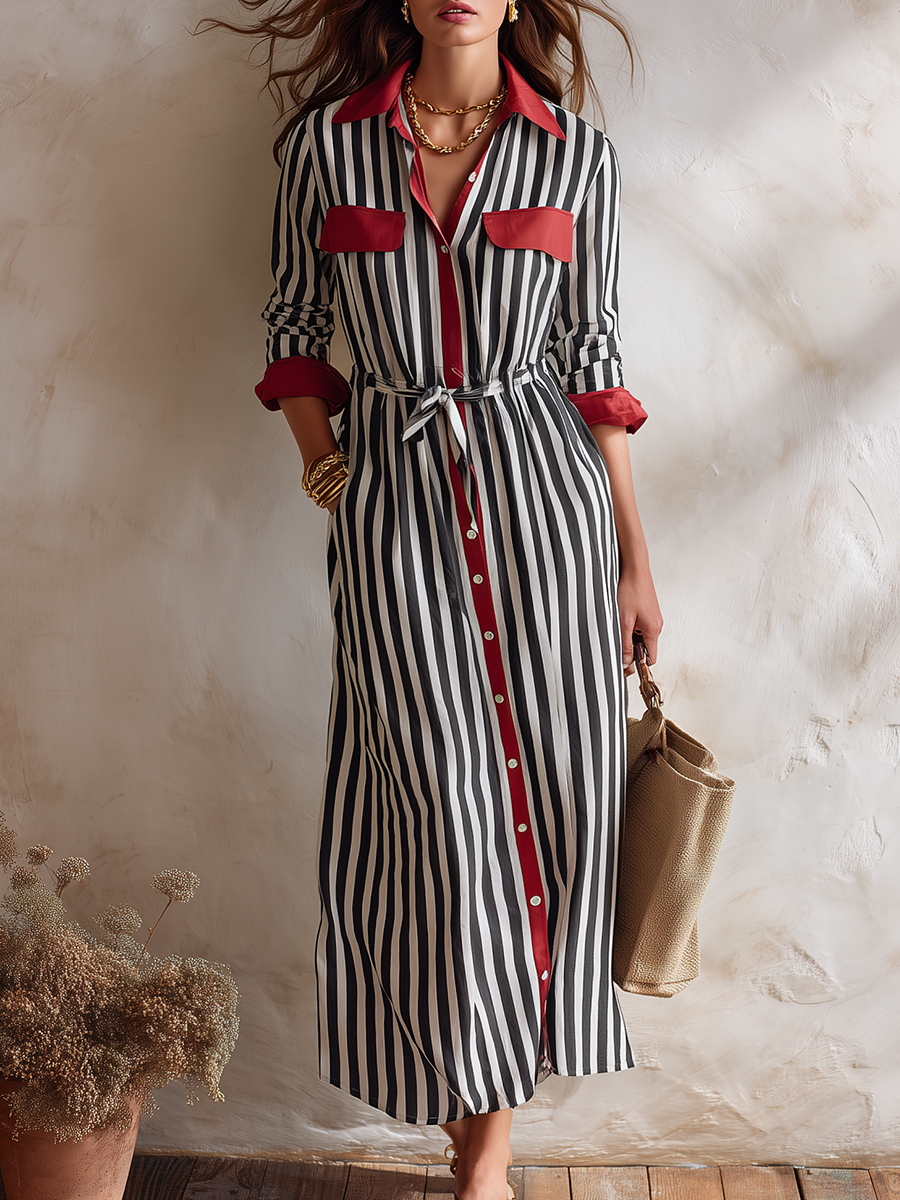 Resort-style Collared Long-sleeved Striped Midi Dress