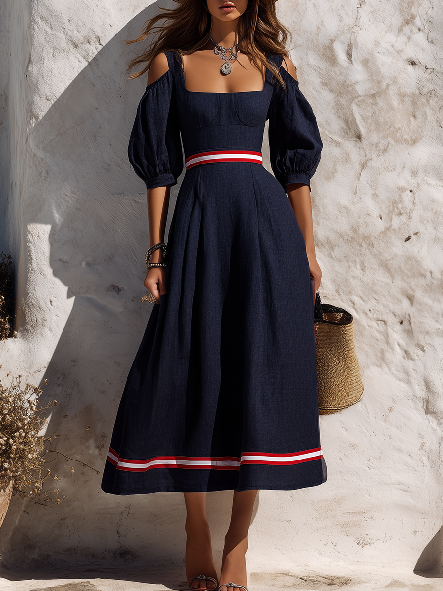 Elegant Sexy Color-blocked Trim Square Neck Cotton-linen Maxi Dress