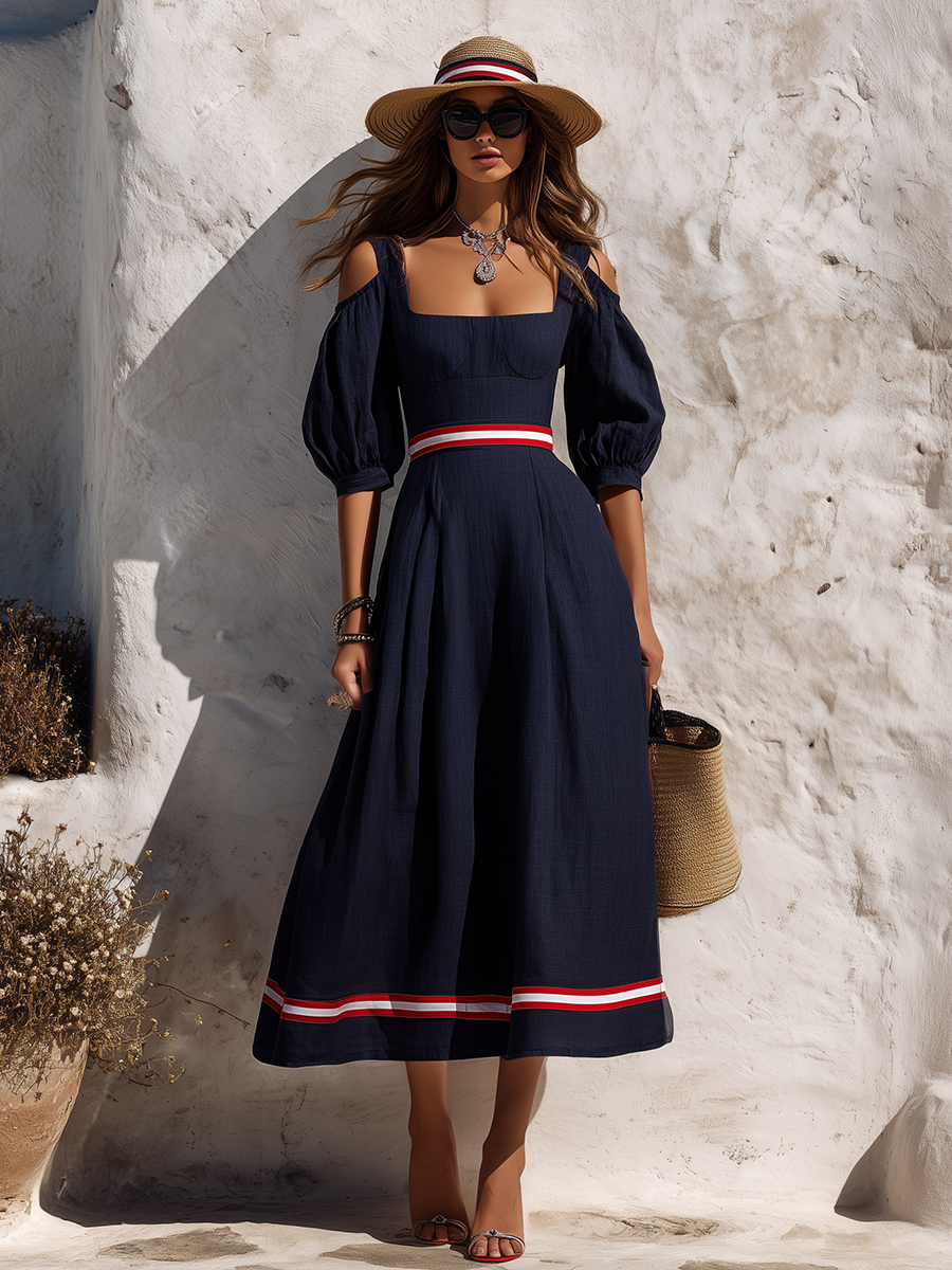 Elegant Sexy Color-blocked Trim Square Neck Cotton-linen Maxi Dress
