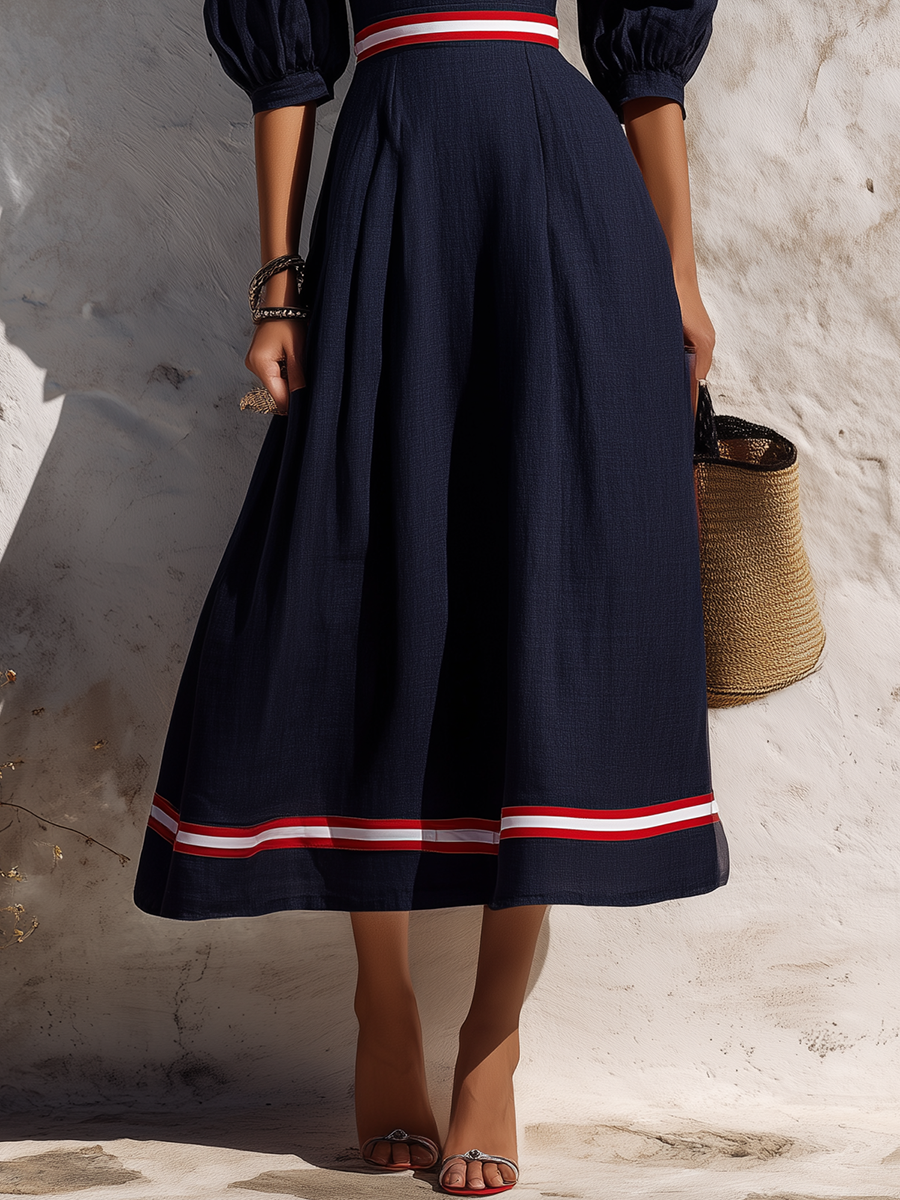 Elegant Sexy Color-blocked Trim Square Neck Cotton-linen Maxi Dress