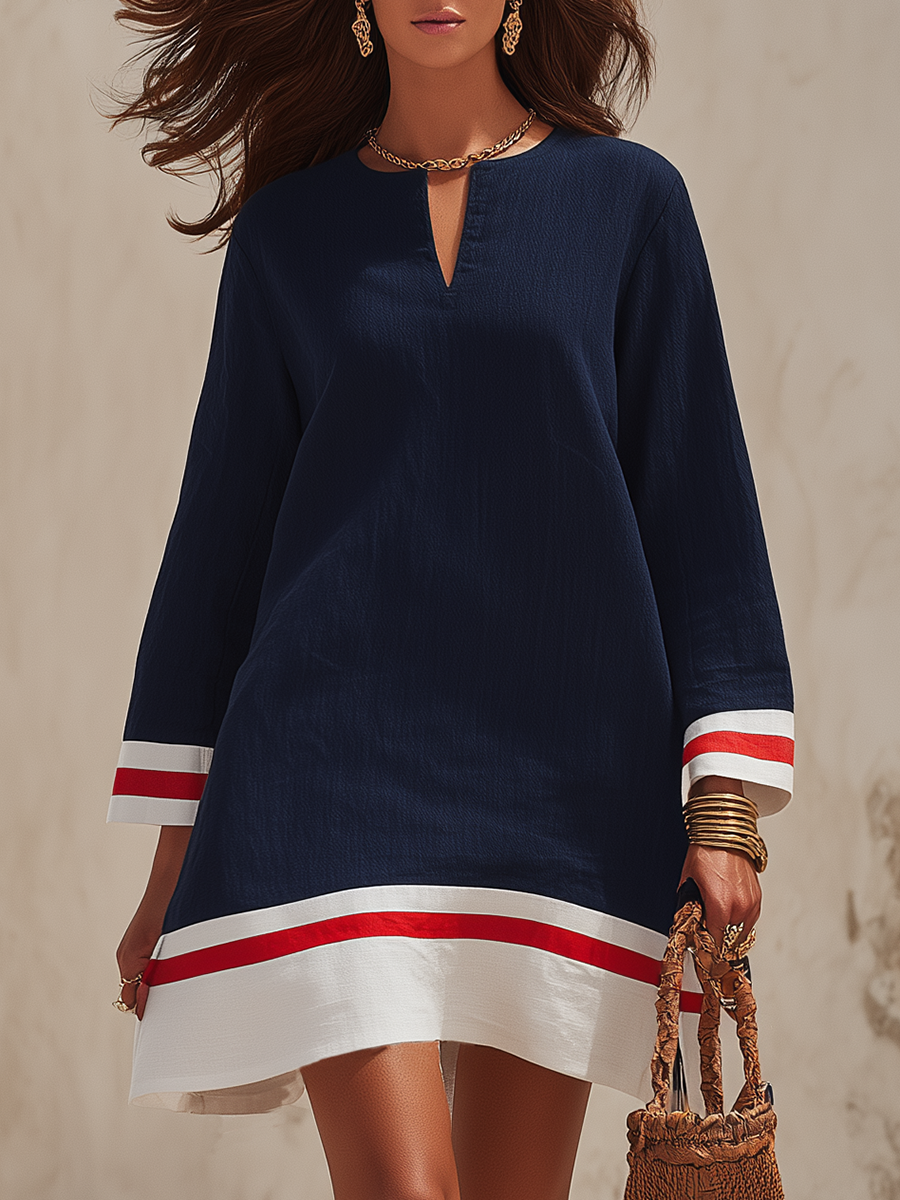 Resort-ready Stylish Color-blocked Round Neck Mini Dress