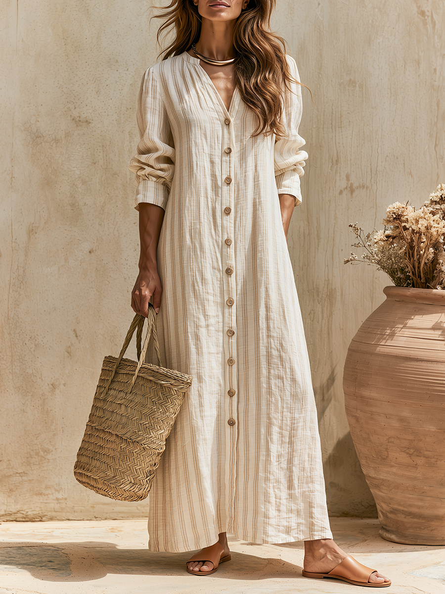 Old Money Vacation Striped Long-Sleeve V-Neck Cotton-Linen Maxi Dress