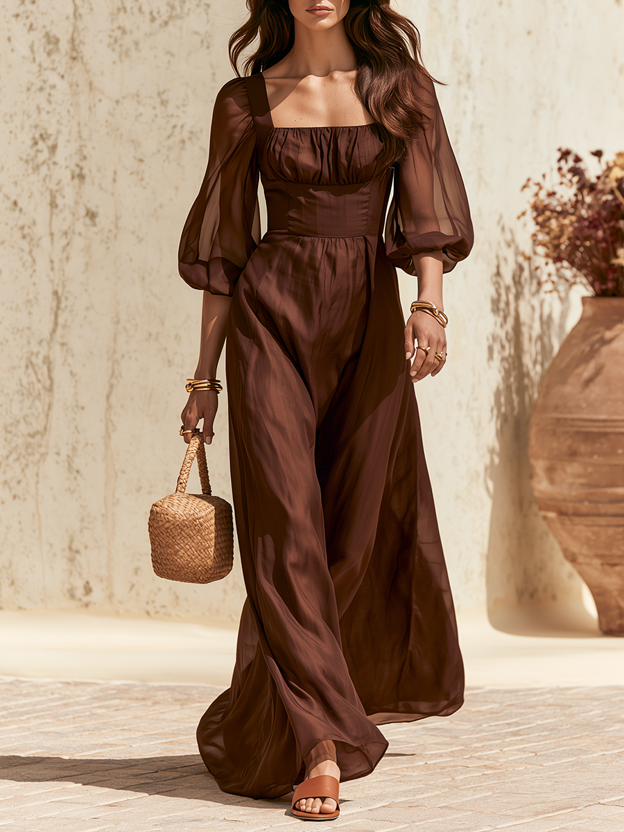 Elegant Resort-Style Square-Neck Tencel Maxi Dress