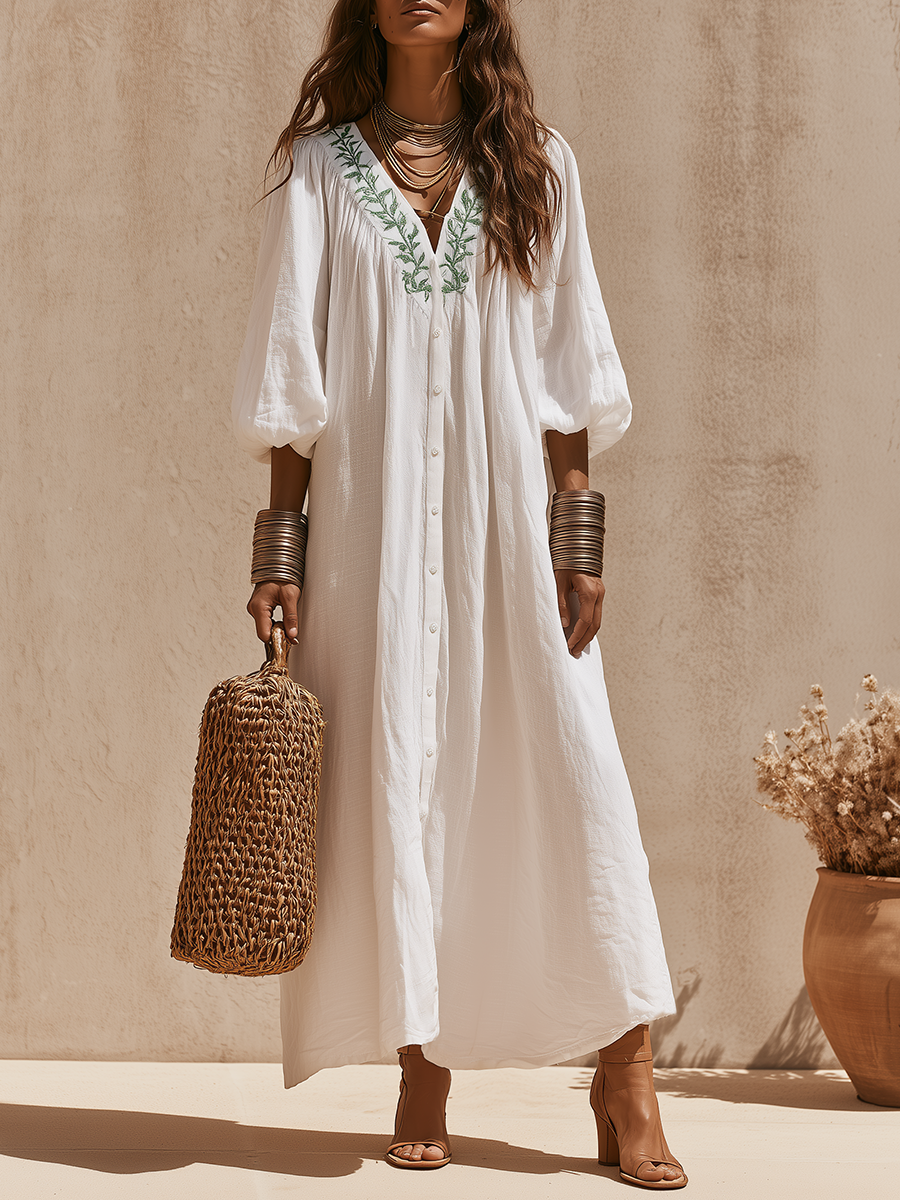 Old Money Green Embroidery Neckline White Cotton-Blend Maxi Dress