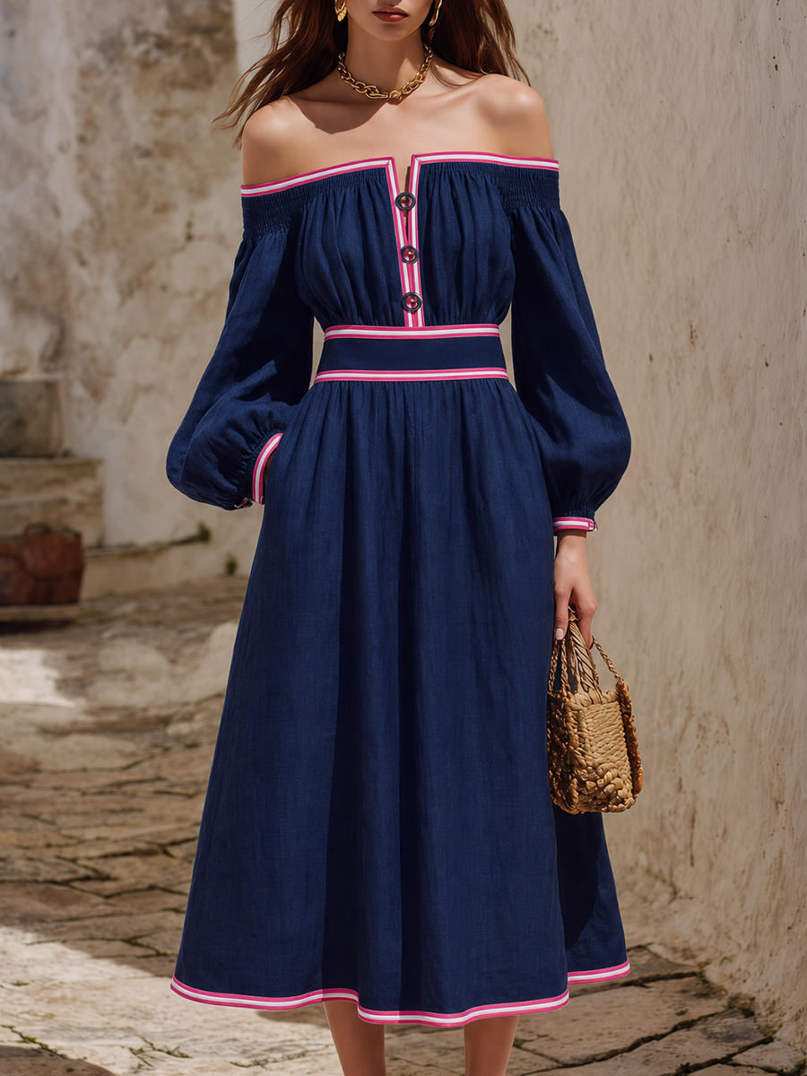 Resort-style Off-the-shoulder Long-sleeved Color-blocked Trim Midi Dress 