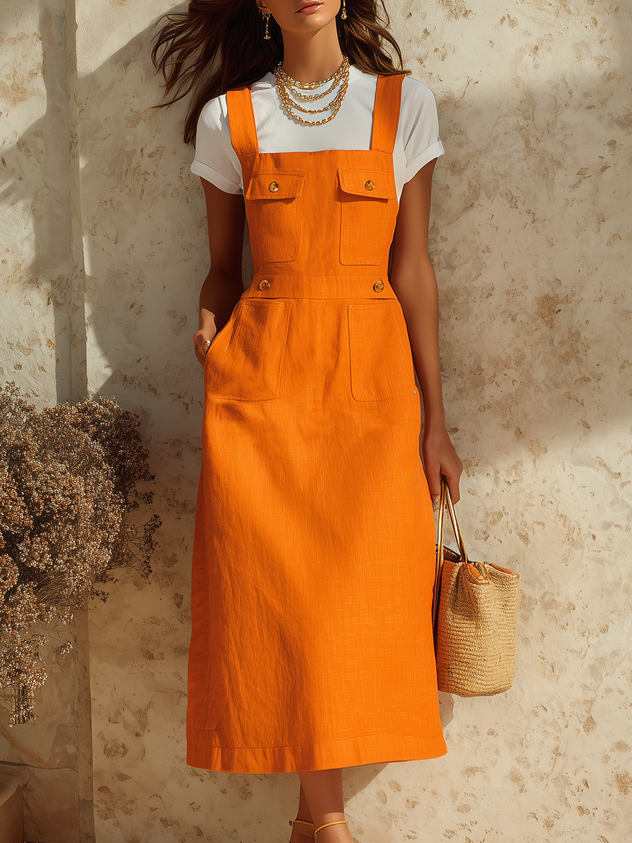 Resort-style Square Neck Solid Color Suspender Midi Dress