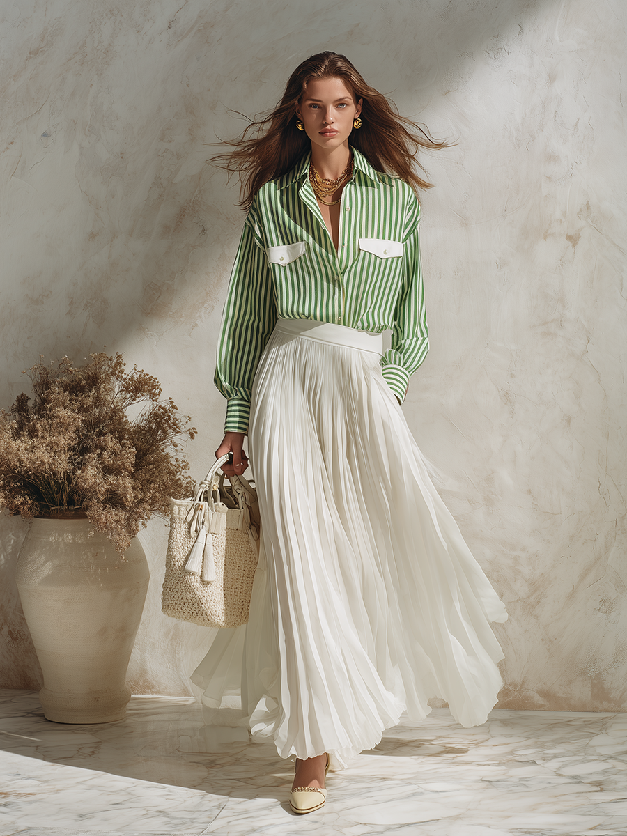 Resort-style Striped Long-sleeve Top And Skirt Set