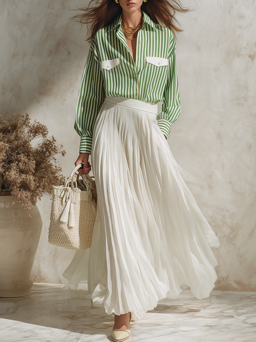 Resort-style Striped Long-sleeve Top And Skirt Set