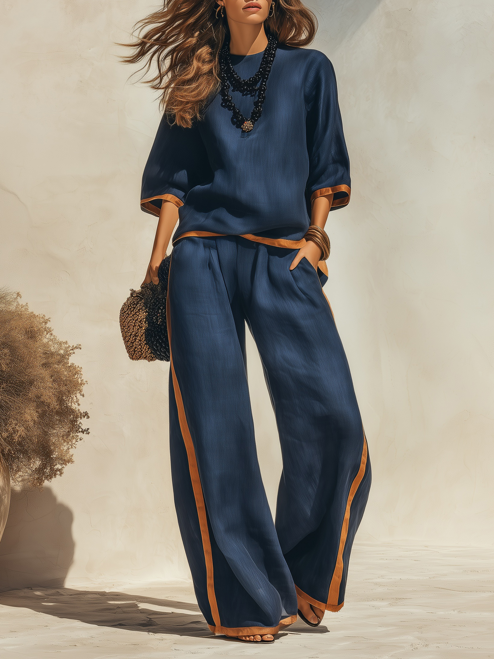 Vintage Coastal Resort Woven Navy Contrast Tan Trim Half Sleeve Top & Side Stripe Wide Leg Pant Two Piece Set