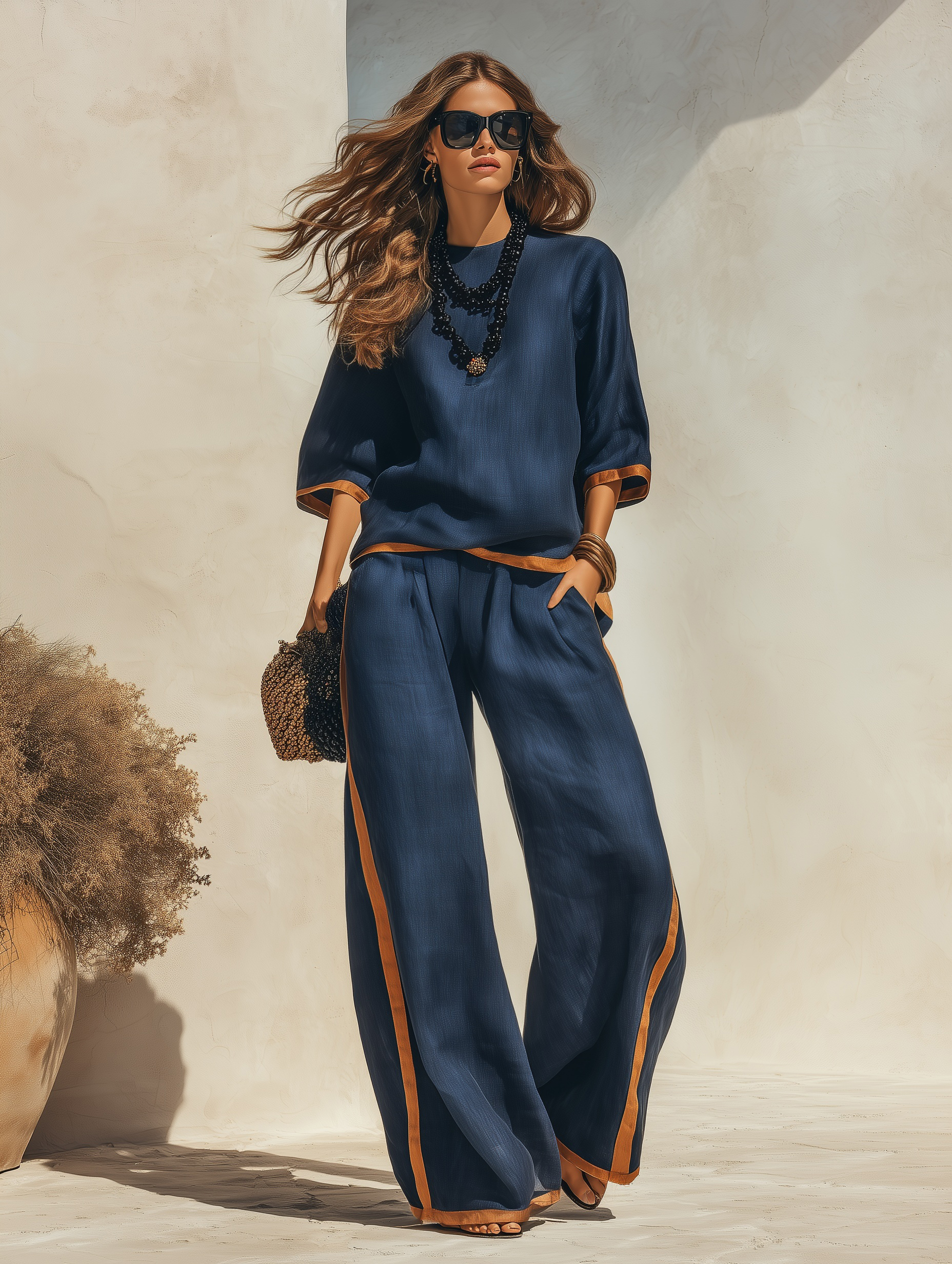 Vintage Coastal Resort Woven Navy Contrast Tan Trim Half Sleeve Top & Side Stripe Wide Leg Pant Two Piece Set
