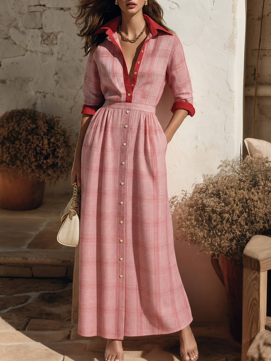 Resort-style Collared Plaid Button-down Maxi Dress