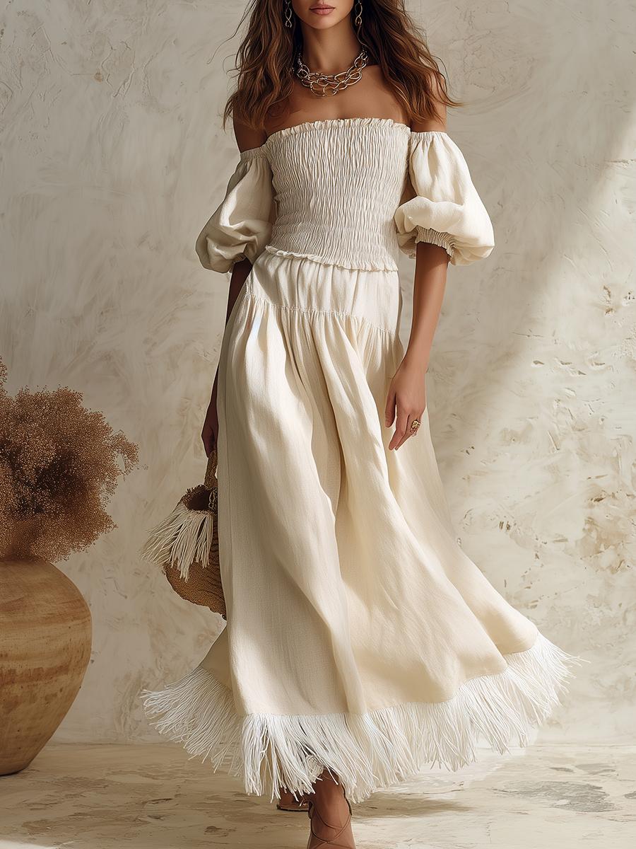 Resort-style Off-shoulder Puff-sleeved Tassel Maxi Dress