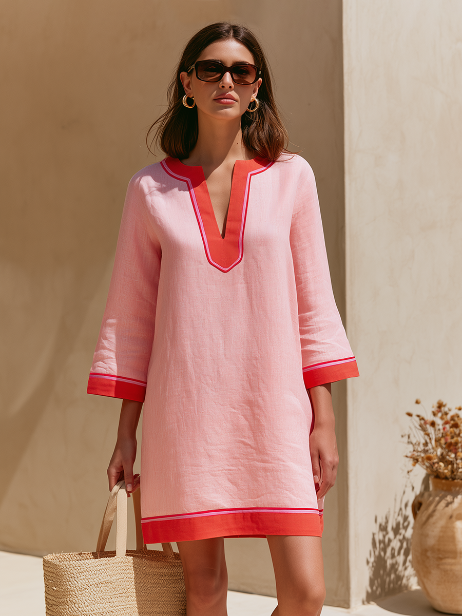 Bohemian V-neck Color-block Pink Mini Dress