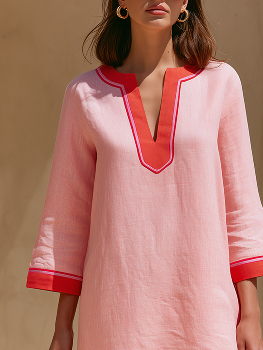 Bohemian V-neck Color-block Pink Mini Dress