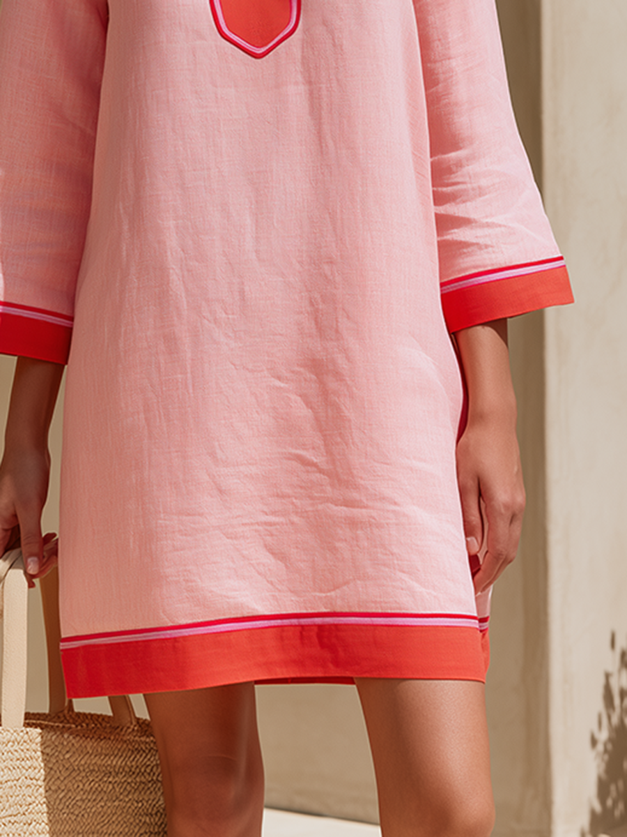 Bohemian V-neck Color-block Pink Mini Dress