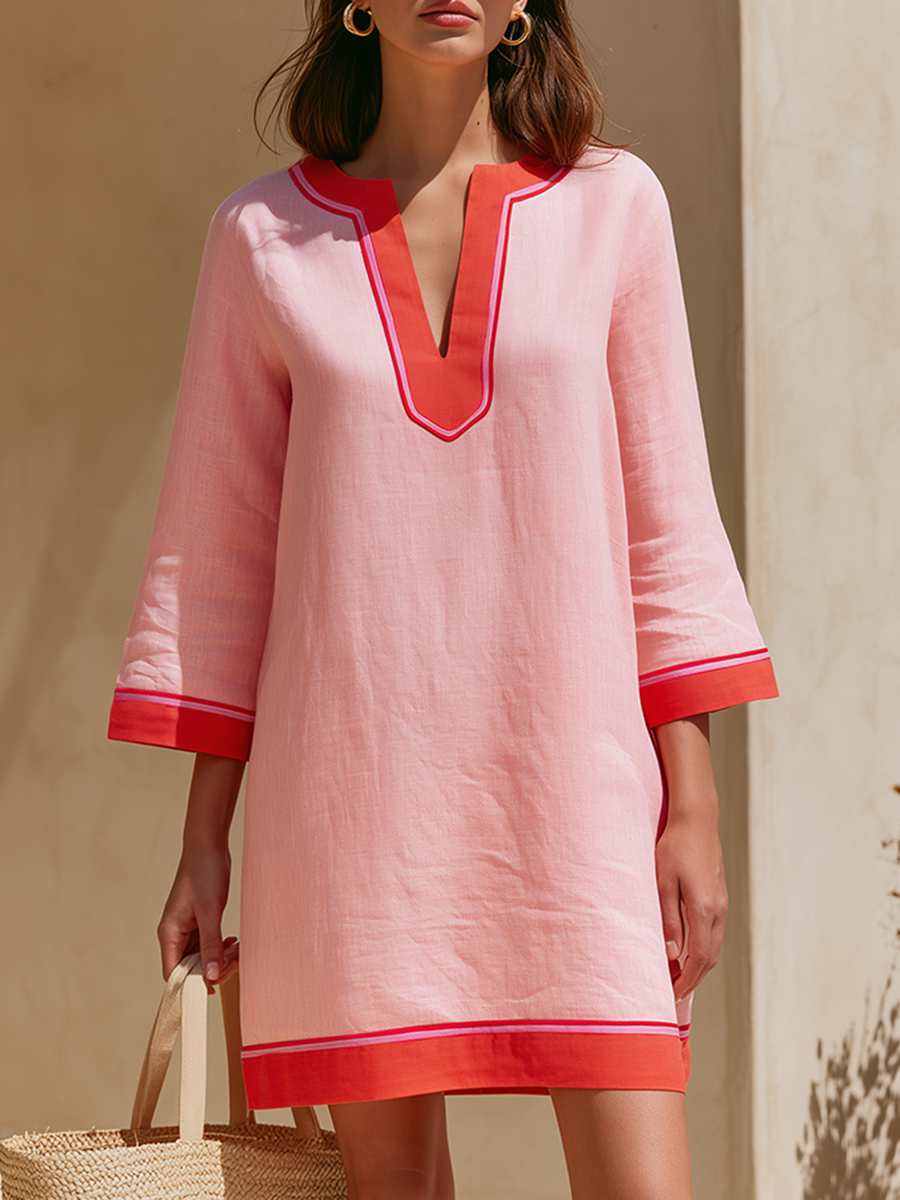 Bohemian V-neck Color-block Pink Mini Dress
