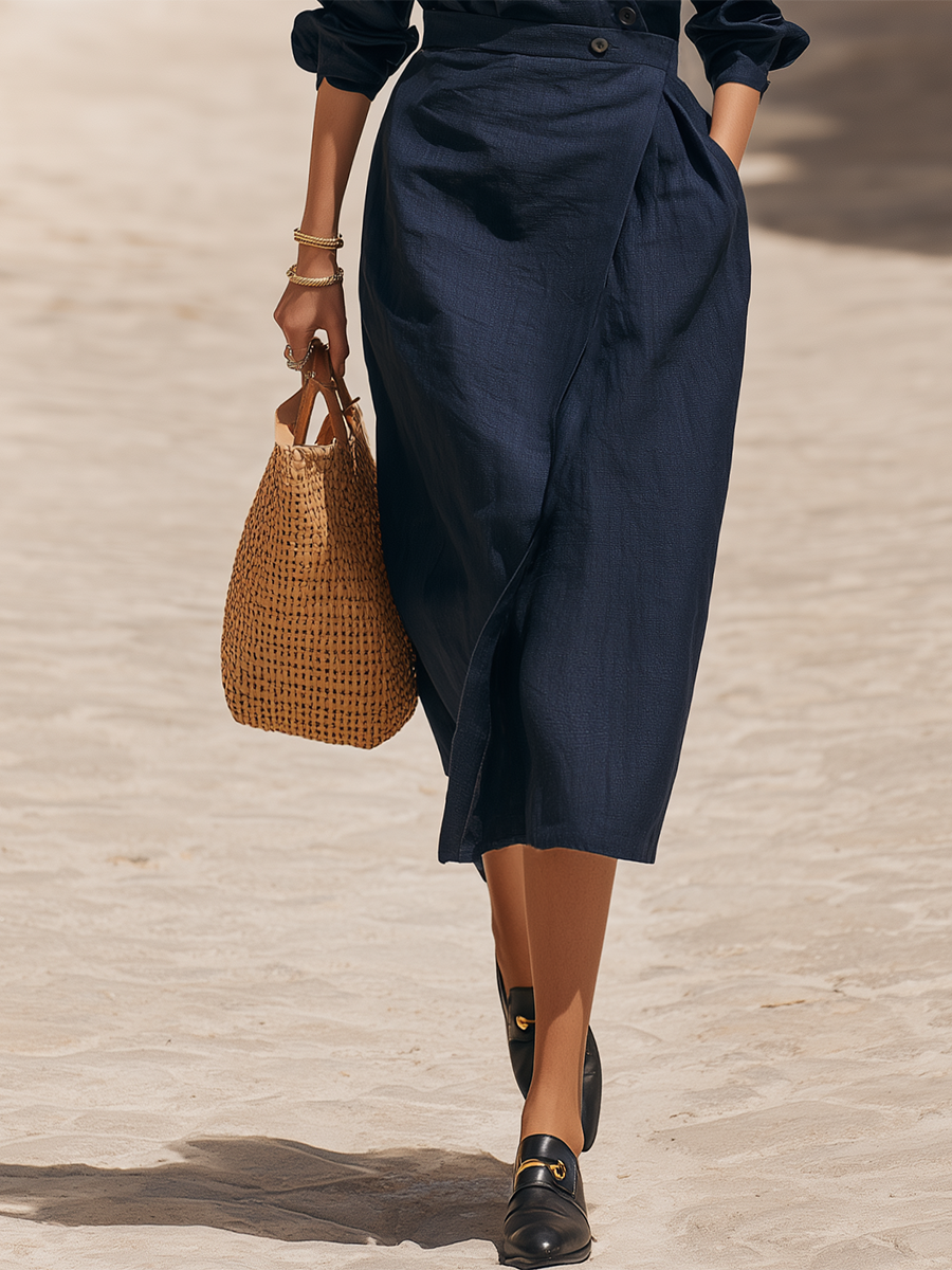 Elegant Navy Collared Wrap Waist Midi Shirt Dress