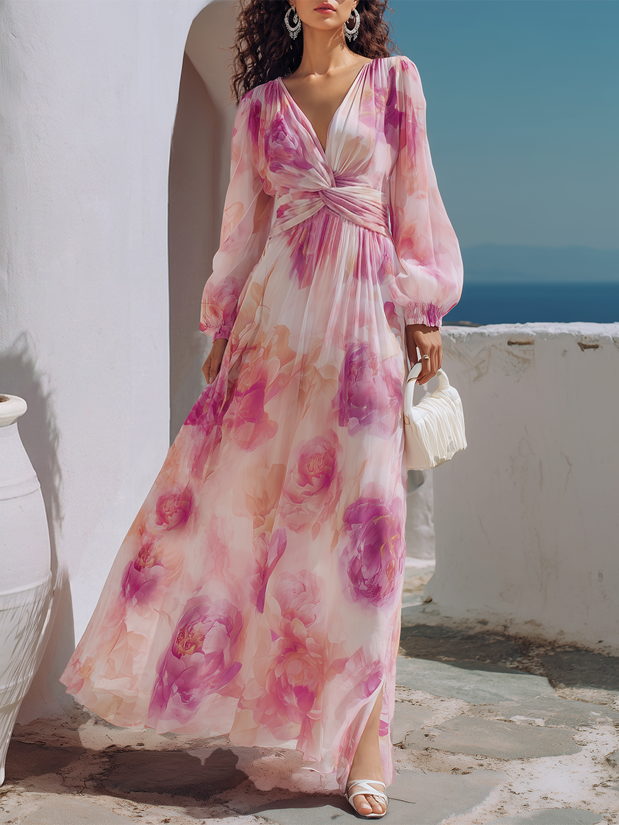 Romantic Pink Floral Twist-Waist Flowing Maxi Dress