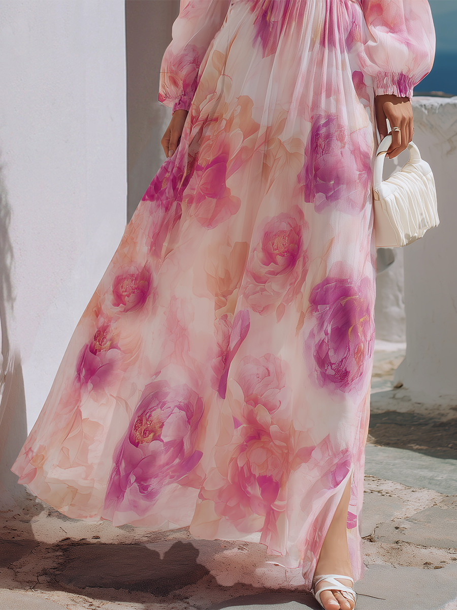 Romantic Pink Floral Twist-Waist Flowing Maxi Dress