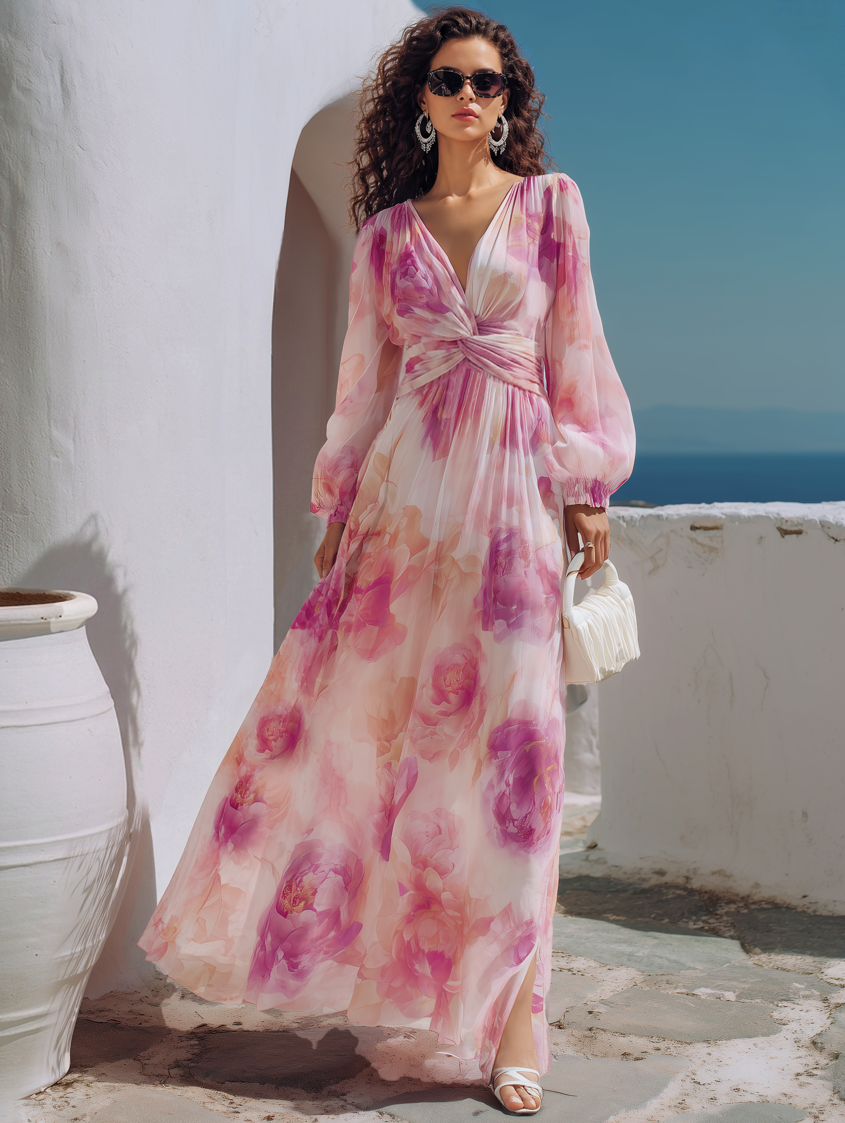 Romantic Pink Floral Twist-Waist Flowing Maxi Dress
