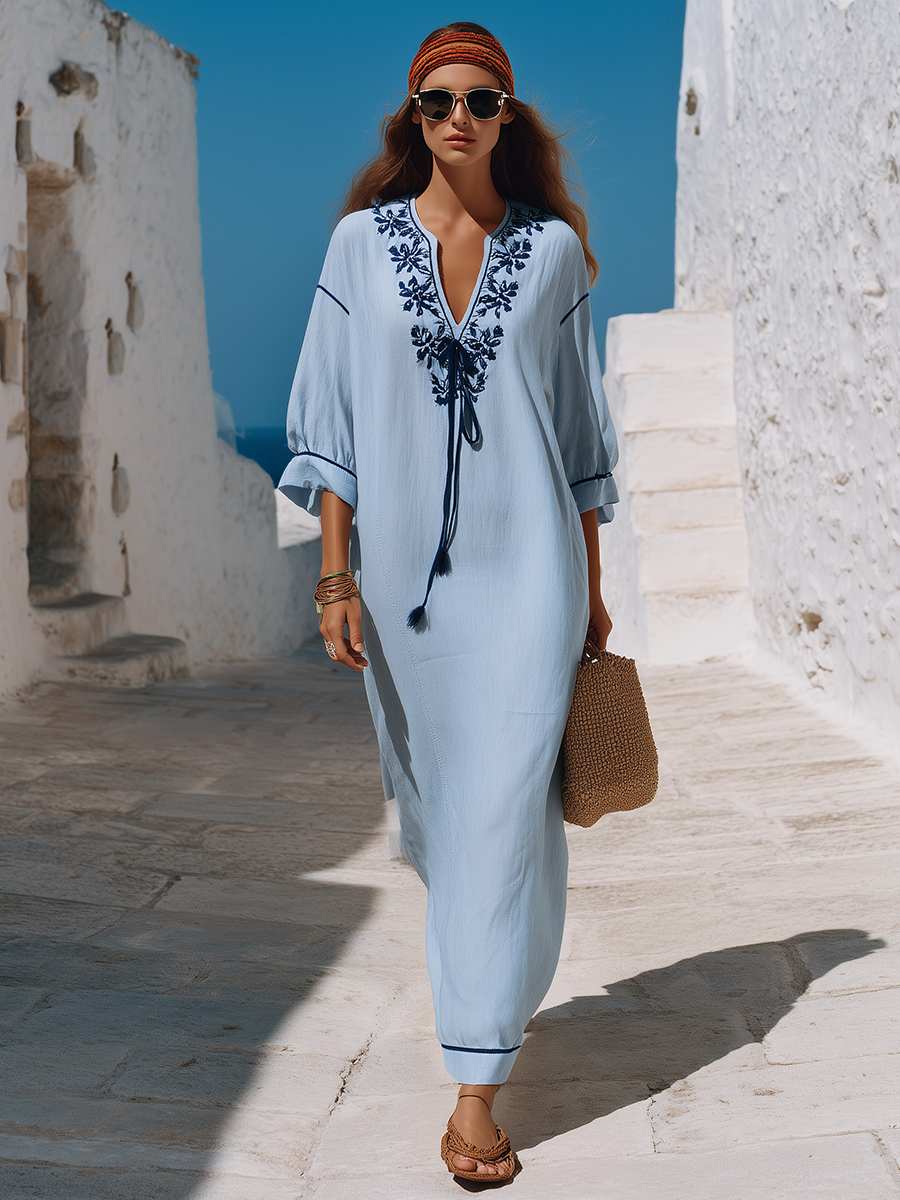 Santorini Breeze Sky Blue Embroidered Tassel Maxi Dresses 