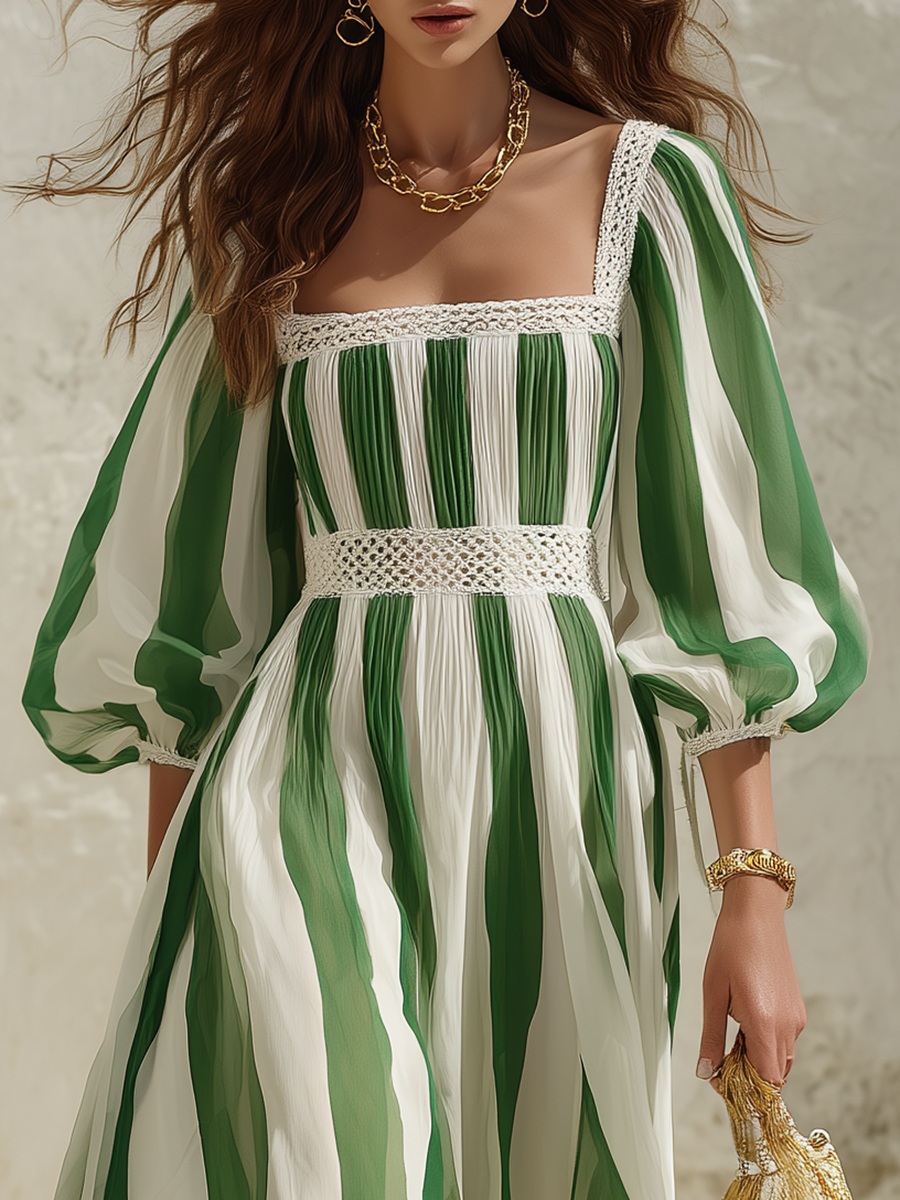 Resort-style Square Neckline Midi Sleeve Lace-trimmed Striped Chiffon Maxi Dress