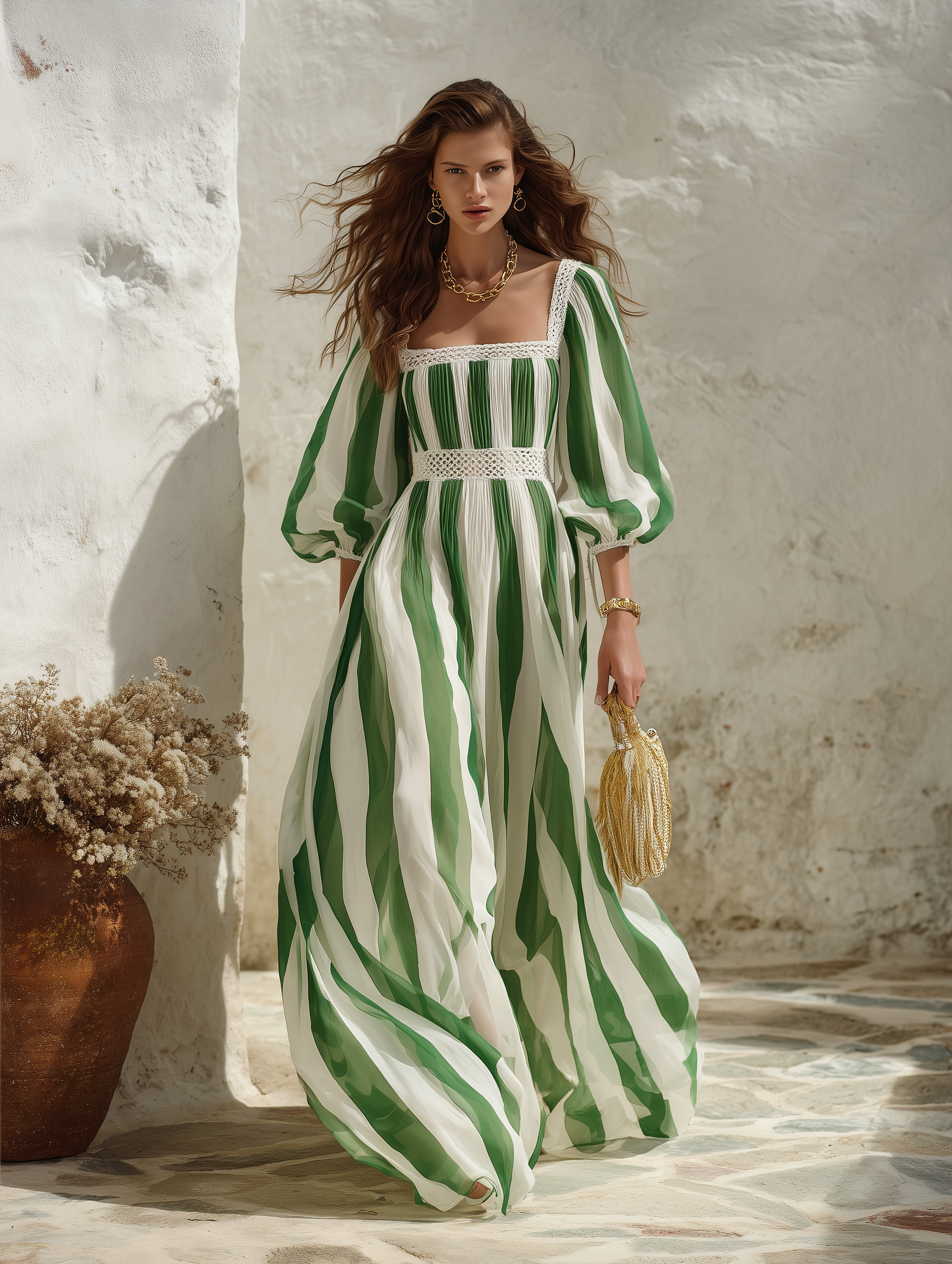Resort-style Square Neckline Midi Sleeve Lace-trimmed Striped Chiffon Maxi Dress
