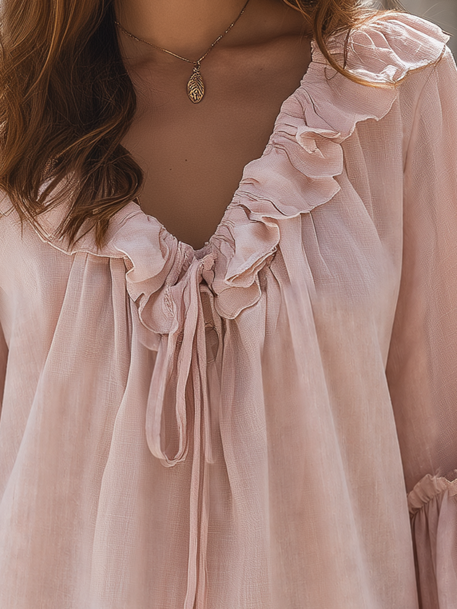 Dusty Pink Boho Ruffle V-Neck Tie-Front Lantern Sleeve Sheer Chiffon Blouse