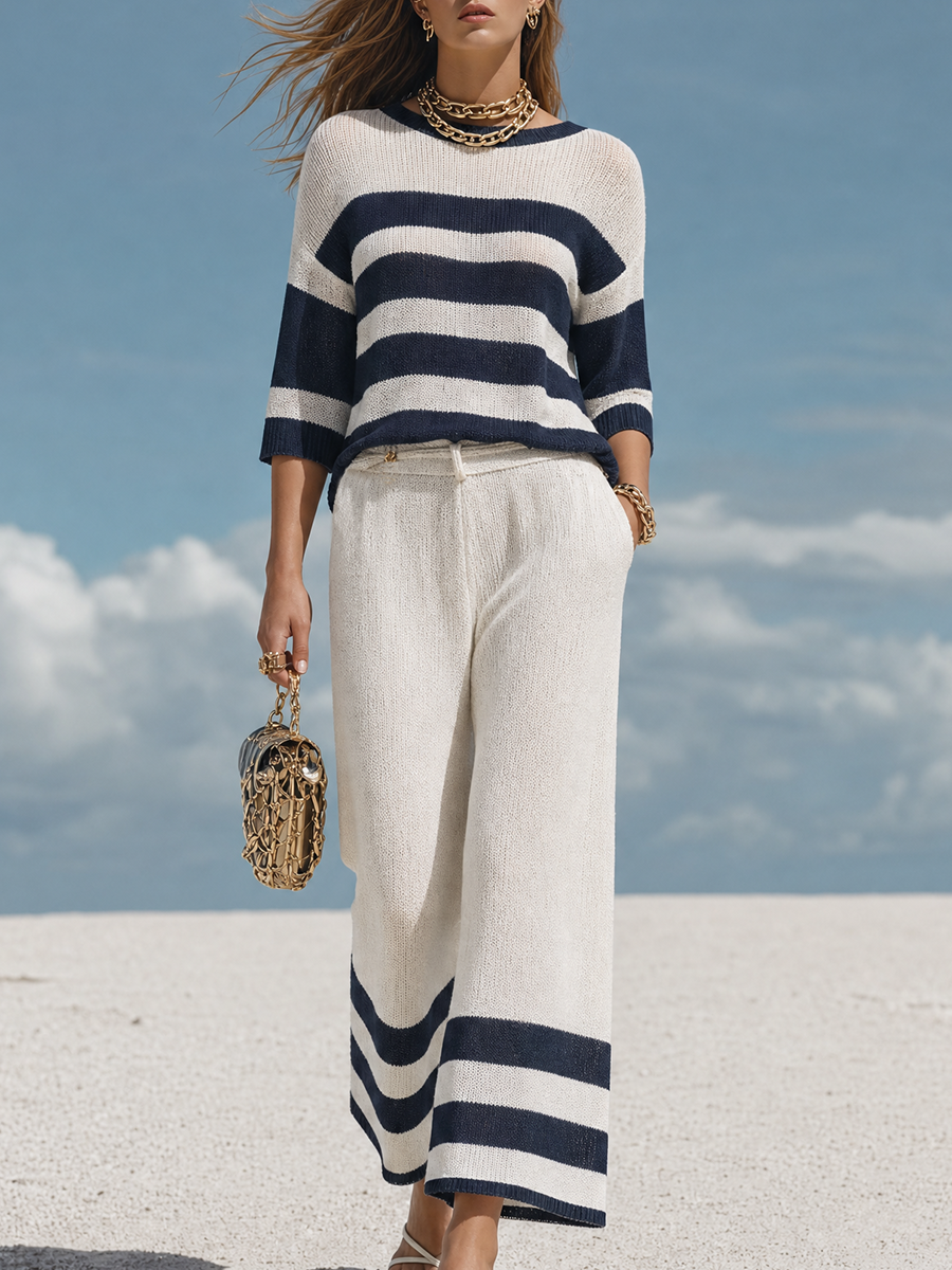 Resort-style Color-block Striped Crew-neck Top And Trousers Set