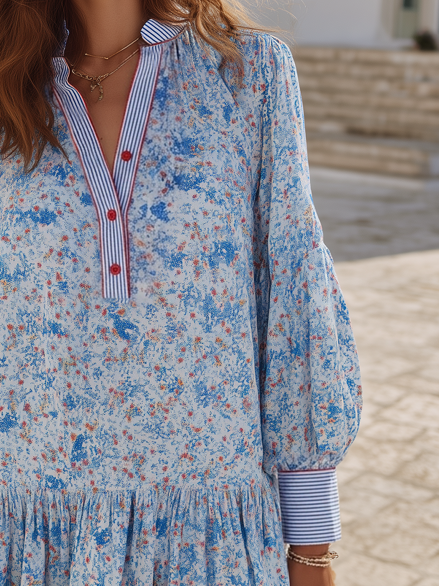 Bohemian V-Neck Lantern Sleeves Ruffled Hem Blue Floral Mini Dress