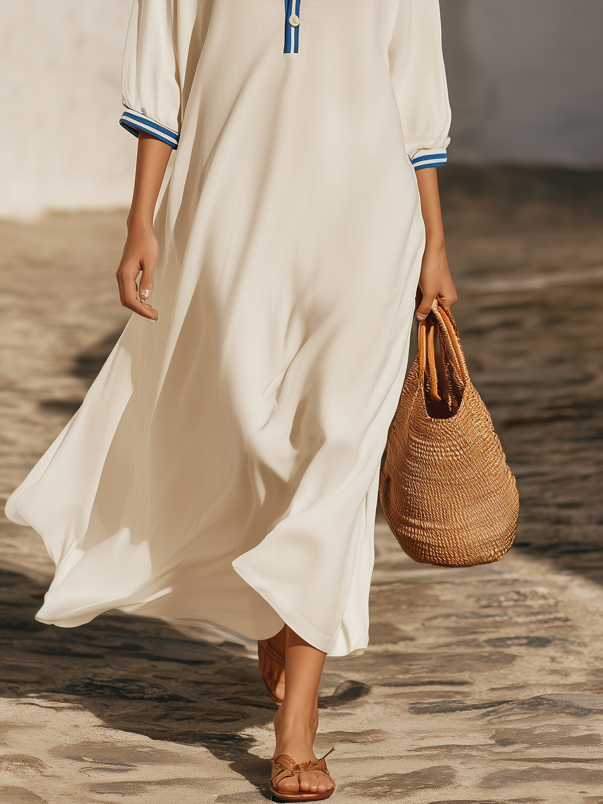Nautical Resort Woven White Collar Blue Strip Trim Half Button Three Quarter Sleeve Loose Maxi Dress