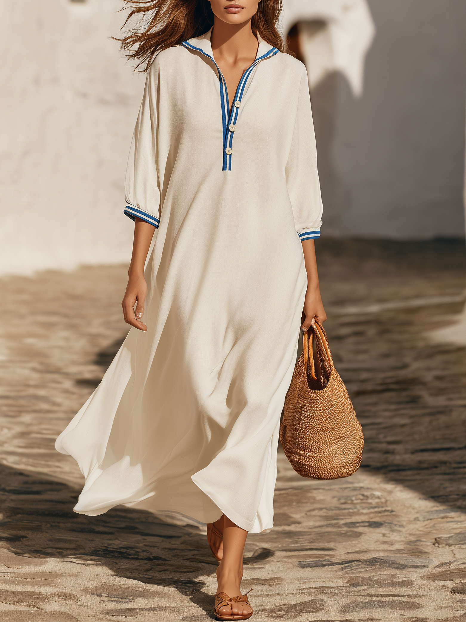 Nautical Resort Woven White Collar Blue Strip Trim Half Button Three Quarter Sleeve Loose Maxi Dress