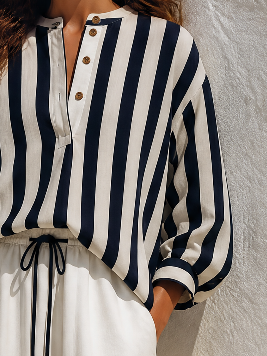 Women's Casual Striped Half-Button Henley Shirt And Drawstring Wide-Leg Maxi Skirt Two-Piece Set