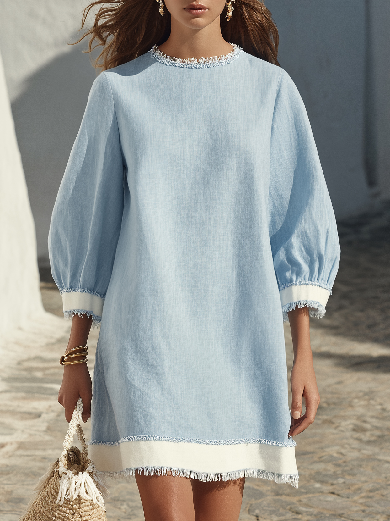 Mediterranean Resort Light Linen Fringe Trim Puff Sleeve Mini Dress