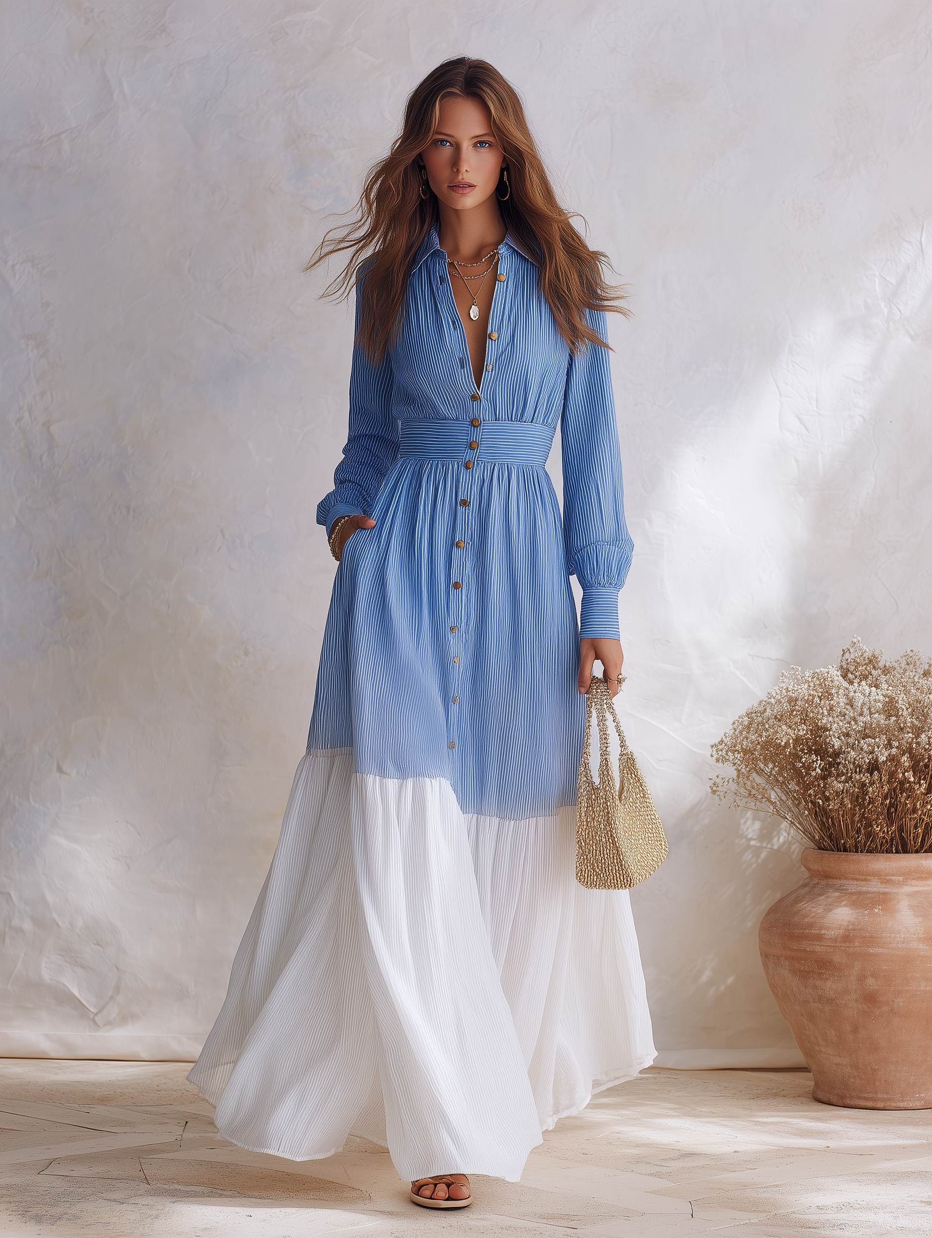 Resort-style Long-sleeved Lapel Collar Striped Chiffon Dress