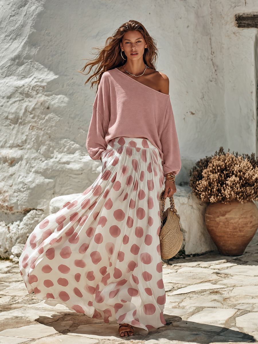 Resort-style One-shoulder Long-sleeve Top And Polka-dot Print Skirt Set