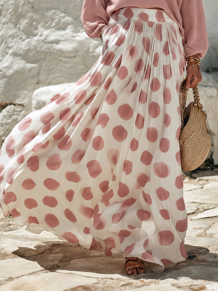 Resort-style One-shoulder Long-sleeve Top And Polka-dot Print Skirt Set