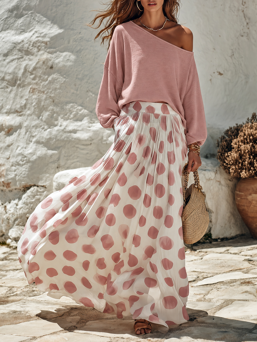 Resort-style One-shoulder Long-sleeve Top And Polka-dot Print Skirt Set