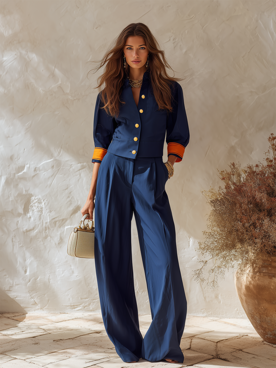Resort-style V-neck Button-down Top And Trousers Set