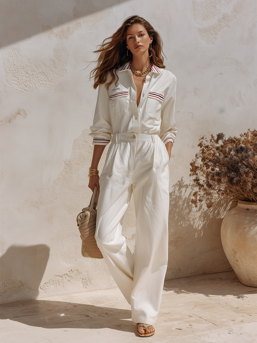 Resort-style Long-sleeve Featuring Collar Contrasting Striped Trim Top And Trousers Set