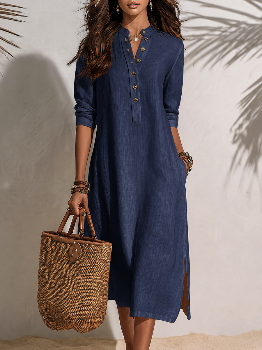Vacation-style Short-sleeve Button-front Midi Dress