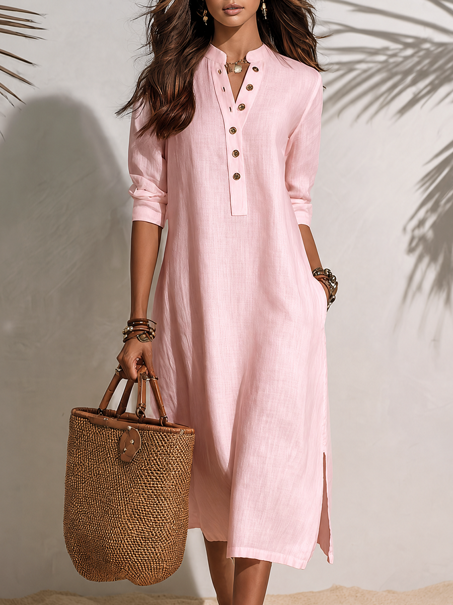 Vacation-style Short-sleeve Button-front Midi Dress