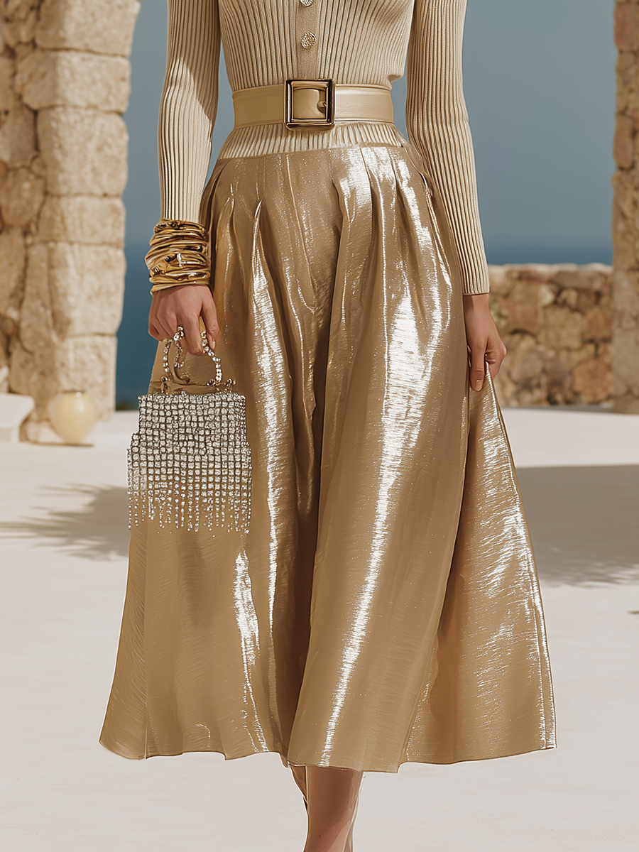 Elegant Dinner Party Metallic Gold Pleated A-Line Midi Dress