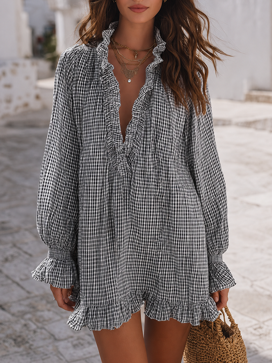 Santorini Breeze Blue Gingham Ruffle Mini Dress