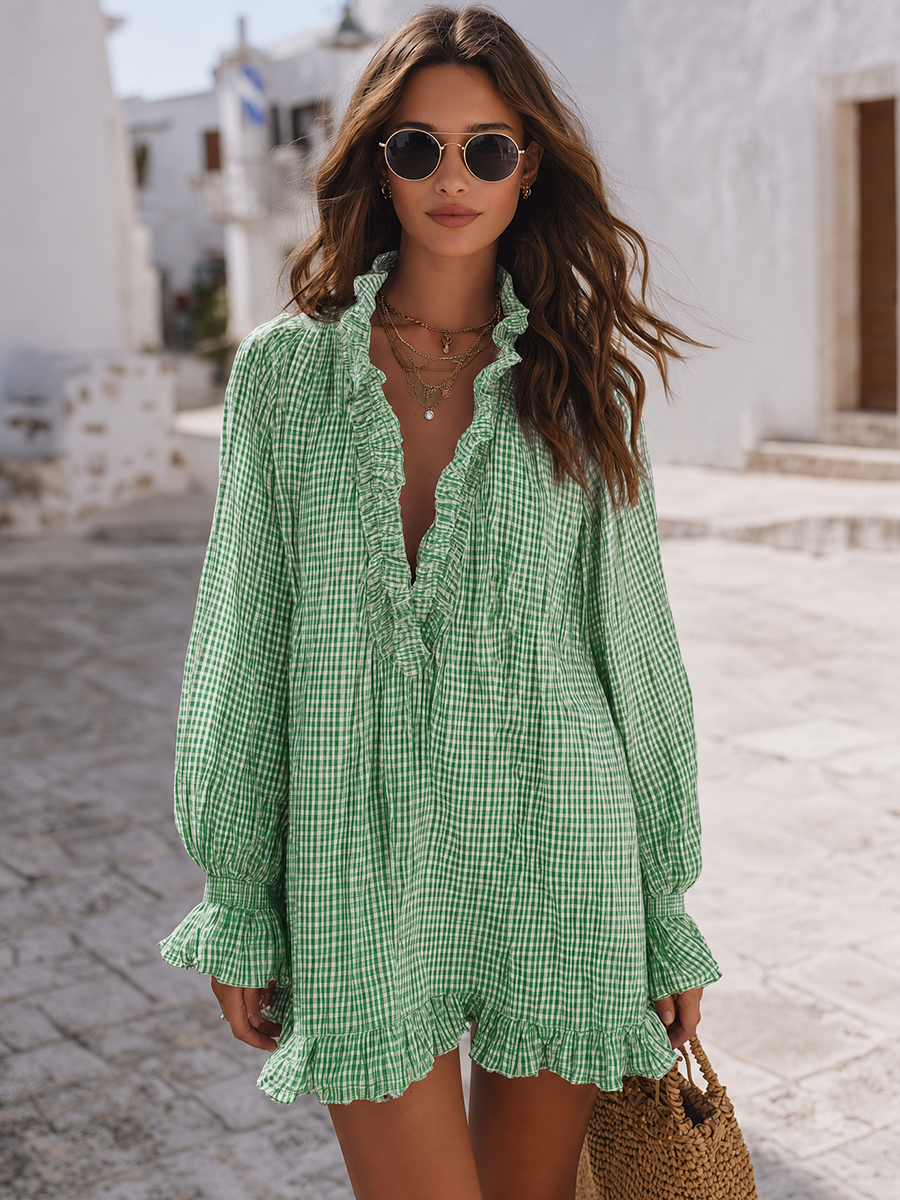 Santorini Breeze Blue Gingham Ruffle Mini Dress