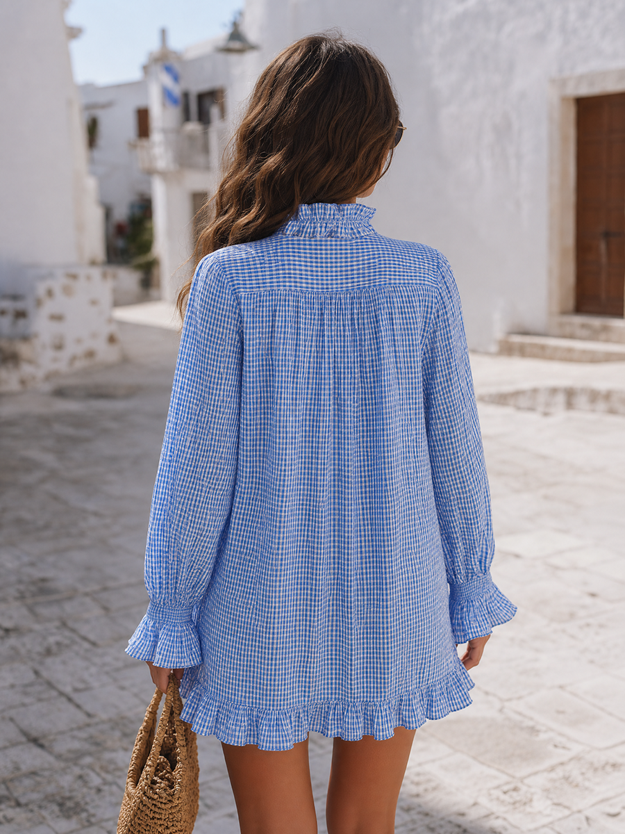 Santorini Breeze Blue Gingham Ruffle Mini Dress
